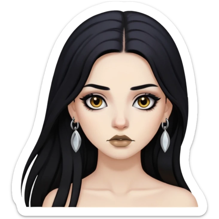 woman with long black hair dark makeup pale skin and black eyes right eyebrow piercing and left lip piercing  sticker