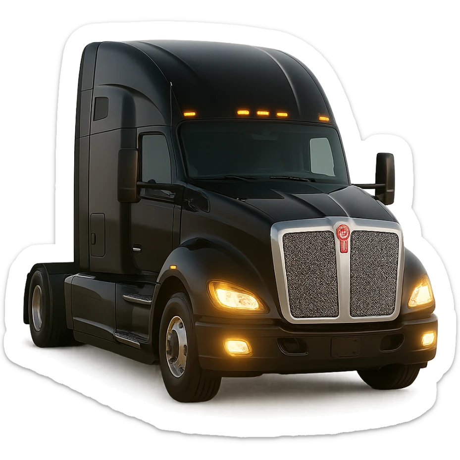Realistic style close-up of a 2025 Kenworth T680 truck in black, 45-degree front angle, headlights on, no background. sticker