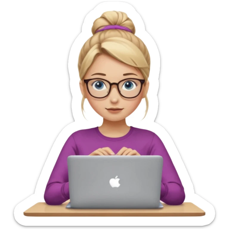 girl, dirty blonde hair, a bun, blue eyes, glasses, brown longsleeve, a laptop. upper body. sticker