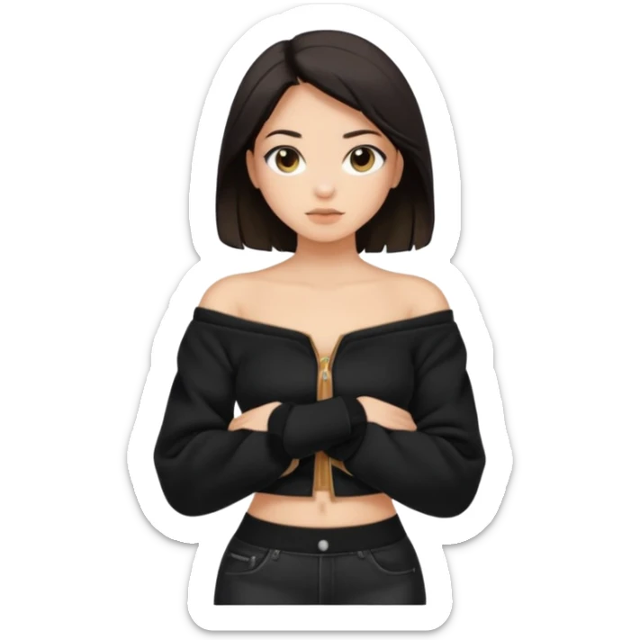  Siyah uzun saçlı ceket giyen esmerimsi kız fazla esmer değil siyah ceket  polar ceket ceket gevşek biraz omzundan çıkıyormuş gibi ve bugday ten rengi soltaraftaki omzundan çıkık sadece içinde de siyah crop var crop omzundan bağlı ve sadece sol omzundan gevşek ceket  sticker