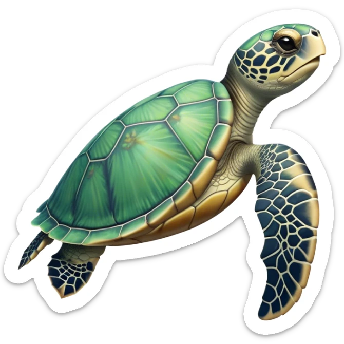 Cinematic Realistic Cute Sea Turtle Portrait Emoji, Head tilted playfully and inquisitively, featuring a compact, gentle form with a beautifully detailed shell adorned with natural patterns and a soft, expressive face with sparkling eyes, rendered with realistic textures and warm ambient light; high shine, affectionate and spirited, styled with a touch of marine whimsy, soft glowing outline, capturing the essence of a mischievous yet lovable sea turtle that seems ready to swim playfully into your arms! sticker