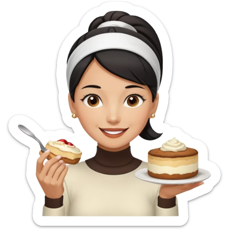  tan skin woman with long face, and short black hair slicked back ponytail with forehead showing, white headband, wearing white turtleneck shirt, eating tiramisu smiling with middle parted hair sticker