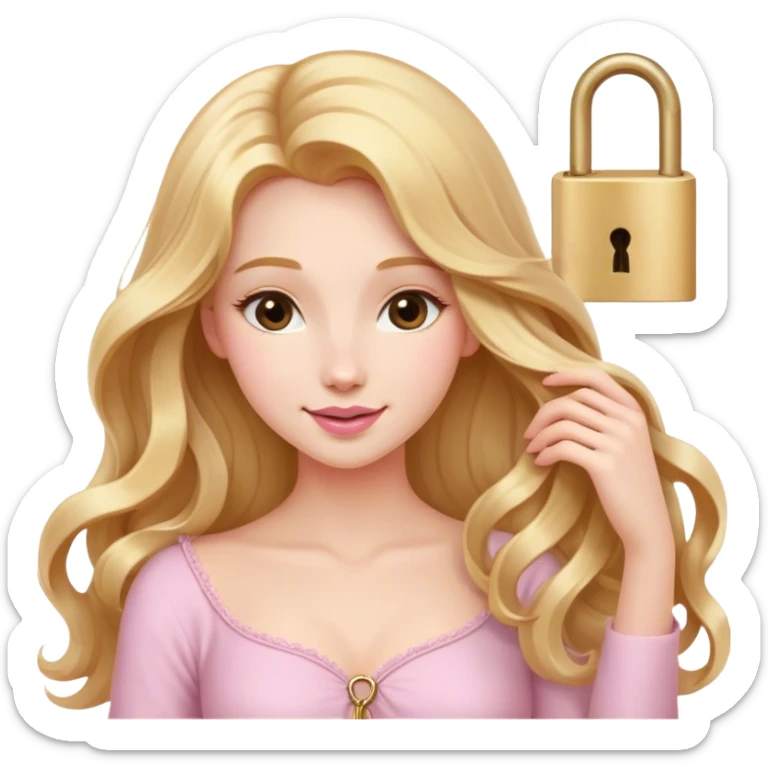 Cinematic Elegant Rapunzel Portrait Emoji, Twirling a lock of her golden hair, dreamy expression, soft pink lips curving into a gentle smile, delicate yet mesmerizing, a princess with a heart full of adventure and beauty! sticker