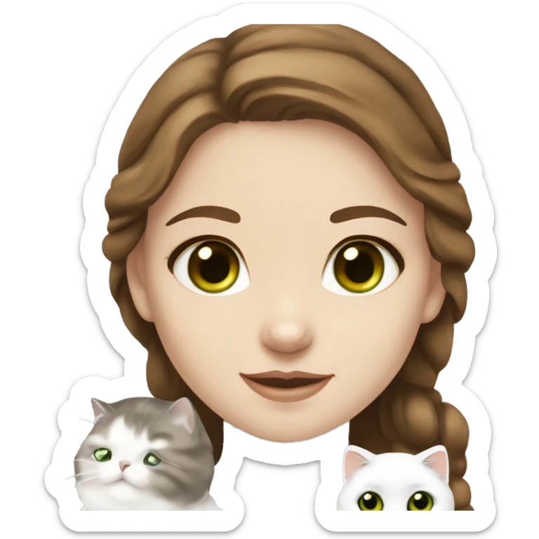 Girl brown hair and eyes European with white Scottish fold cat with green eyes   sticker