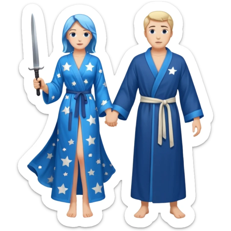 An upright Europe (a tall woman), wearing a blue, flowing robe with stars on the hem. In the background stands a man, with a knife
He has to stand behind her. the top of the knife to her back sticker