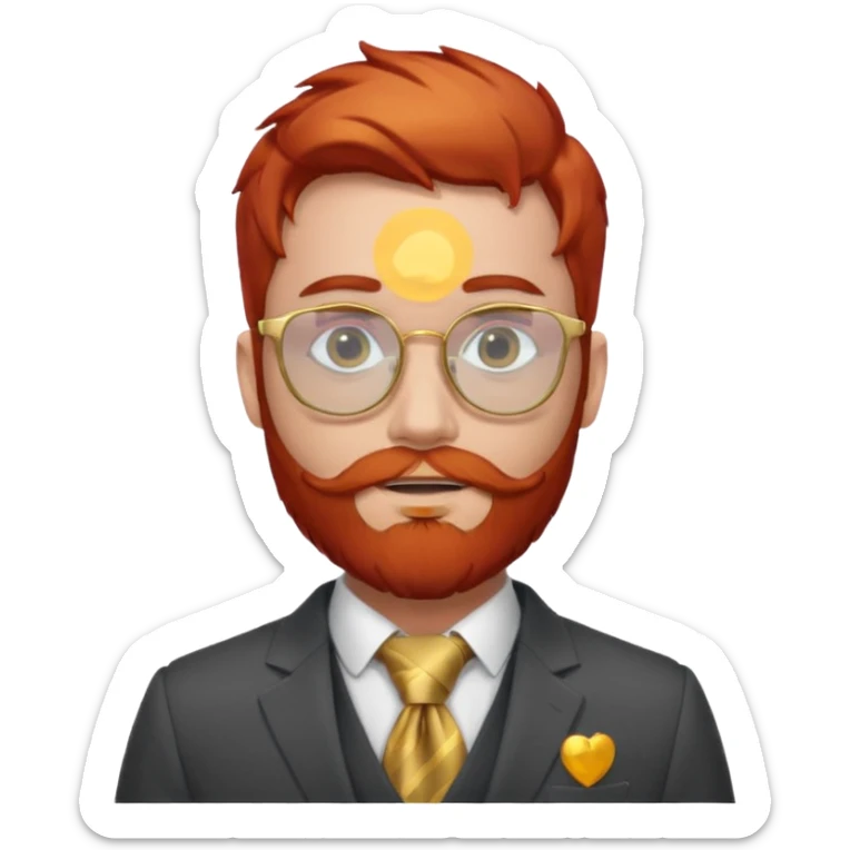 gray scarf, male,  beard, red hair, with suit, gold glasses sticker