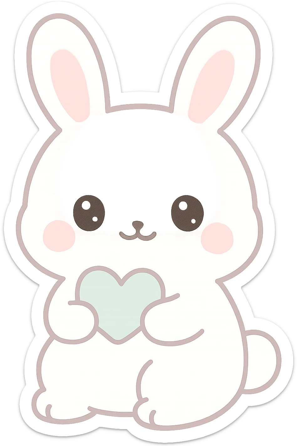 Kawaii style illustration of a bunny with white fur holding a heart, cute expression, pastel colors, soft outlines, no background (transparent) sticker
