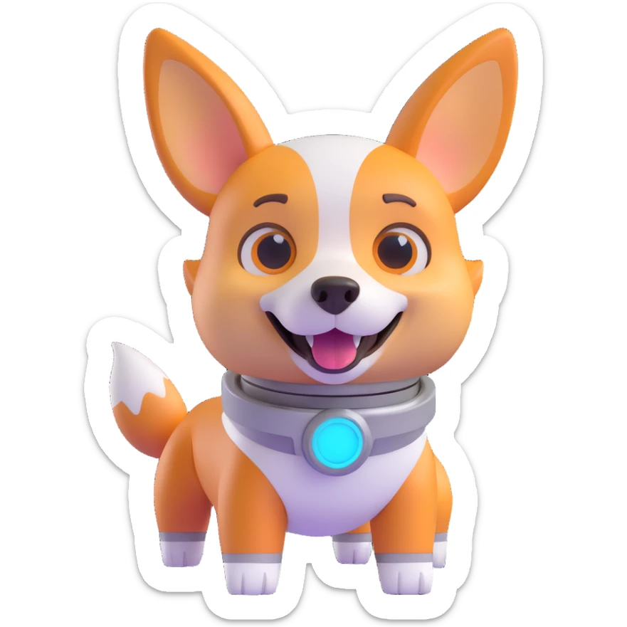 cute dog robot with pointy corgi-like ears, soft rounded body, glowy eyes and joints, friendly futuristic vibe, playful, slightly cartoonish, colorful with glowy accents, highly expressive face and posture, reaction laughing sticker