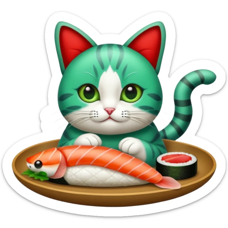emoji di un gatto che tiene del sushi in mano, è verde con gli occhi azzurri ed un papillon rosso sticker