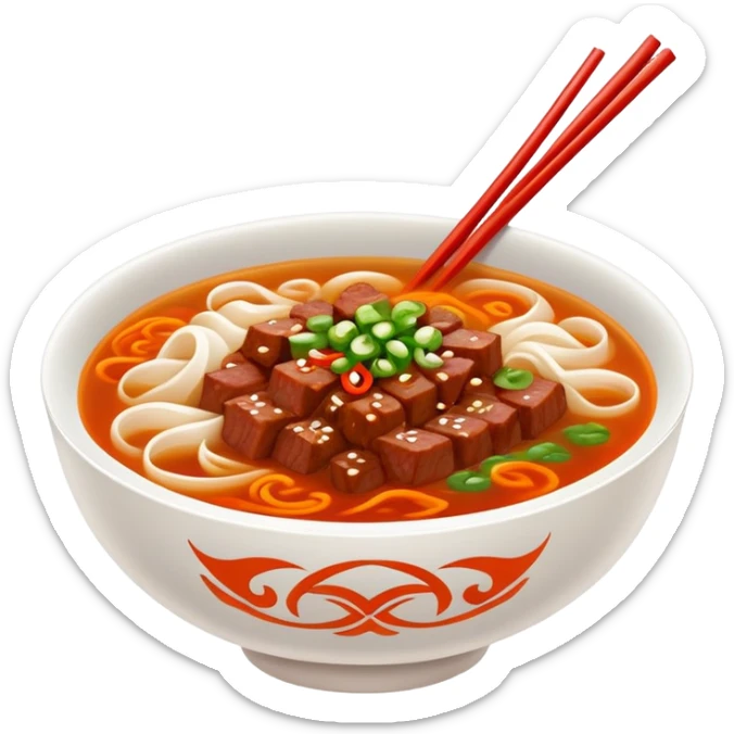 Jiangxi Rice Noodles with spicy beef soup, simplified emoji style with bold outlines and bright colors, cartoon style southern Chinese Fen specialty sticker