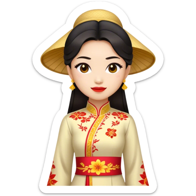 Cinematic Realistic Ao Dai Pop Culture Emoji, featuring an elegant portrayal of the traditional Vietnamese dress rendered with graceful textures and vibrant, cultural lighting. sticker