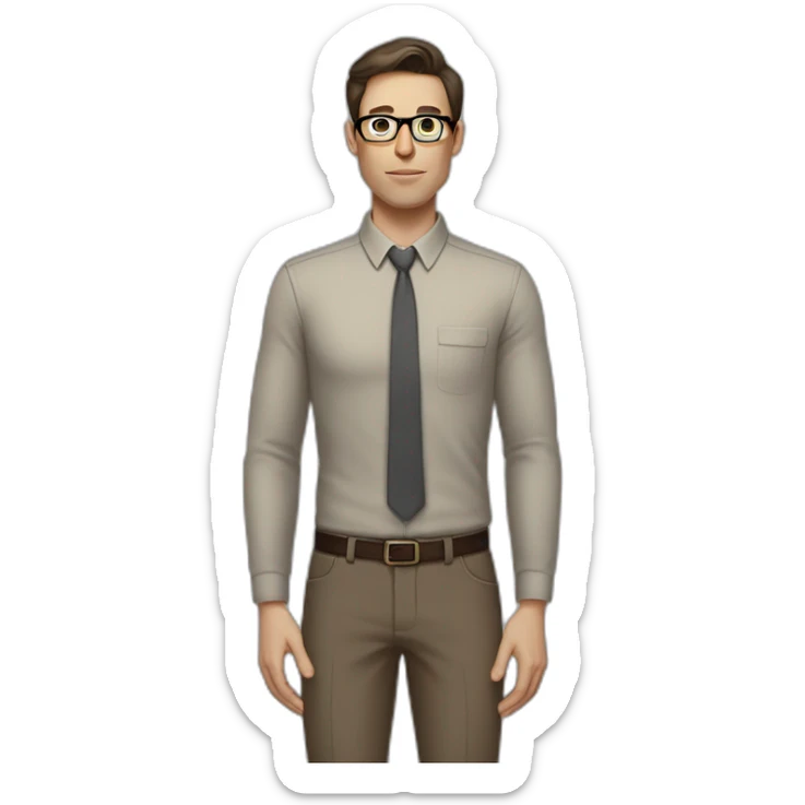 Full height Pale skinned fit man with dark brown hair in gray jacket, beige office shirt, brown tie, brown pants and vintage glasses. His right hand stretched out sticker