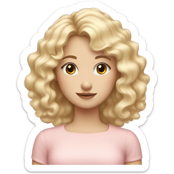 Blonde, pale girl with bangs and curly hair and a pastel pink dress sticker