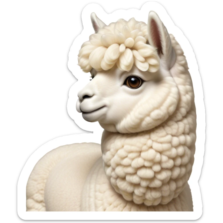 Cinematic Noble Cream Alpaca Portrait Emoji, Poised and regal, with a graceful, sturdy build and a luxuriously soft, well-groomed cream fleece, deep-set soulful gentle eyes, Simplified yet sharp and sophisticated features, highly detailed, glowing with a soft, dignified glow, high shine, intelligent and serene, stylized with an air of pastoral elegance, focused and attentive, soft glowing outline, capturing the essence of a watchful and confident companion, so majestic it feels as though it could stride out of the screen with effortless authority! sticker