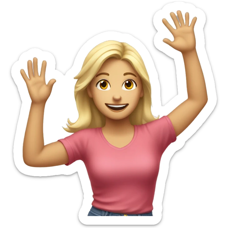Blonde girl with hands high up in the air, open palms hand, happy, excited. Above waist only. sticker