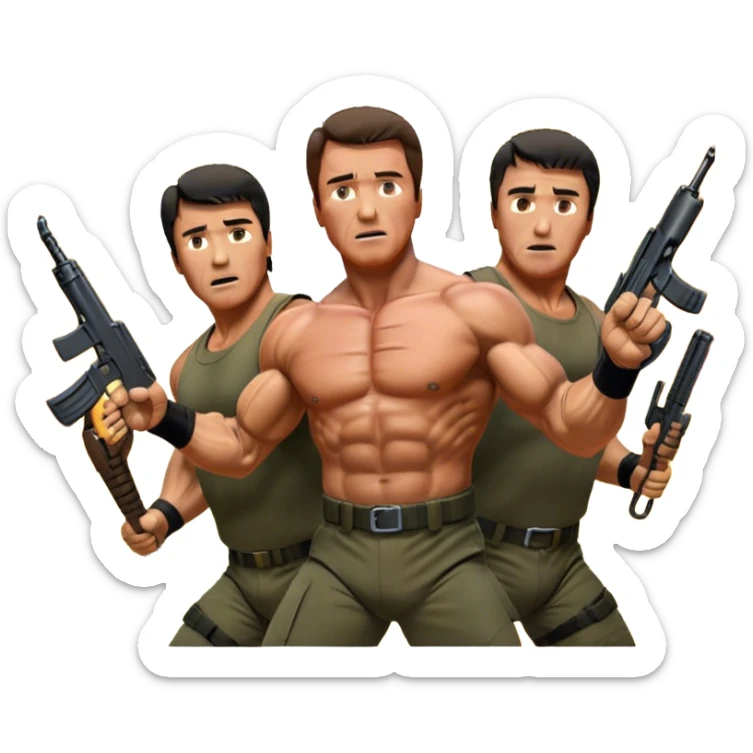 Icon for Action Movie Poster: Close-up collage of Arnold Schwarzenegger in 'Commando' and Sylvester Stallone in 'Rambo,' each in dynamic action poses, surrounded by intense explosions, dramatic lighting, and iconic weapons. Designed like a vintage movie poster. Transparent background. sticker