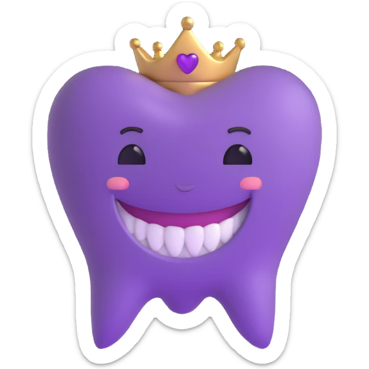 smiling face with purple heart eyes, big smile showing a tooth gap and a gold side tooth, brown background sticker