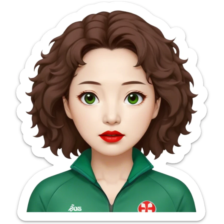 Han Mi-nyeo : Age: Late 40s
Appearance: A middle-aged woman with frizzy, messy brown hair and dramatic red lipstick.
Outfit: Green player tracksuit sticker