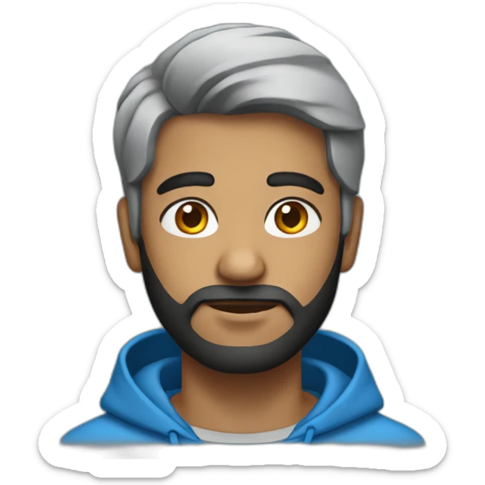 Indian man with black hair light beard wearing a hoodie and blue shirt sticker