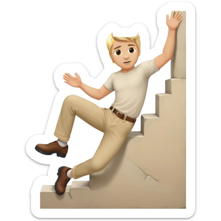 Stuntman with blonde hair wearing beige trousers and cream shirt scaling a wall sticker