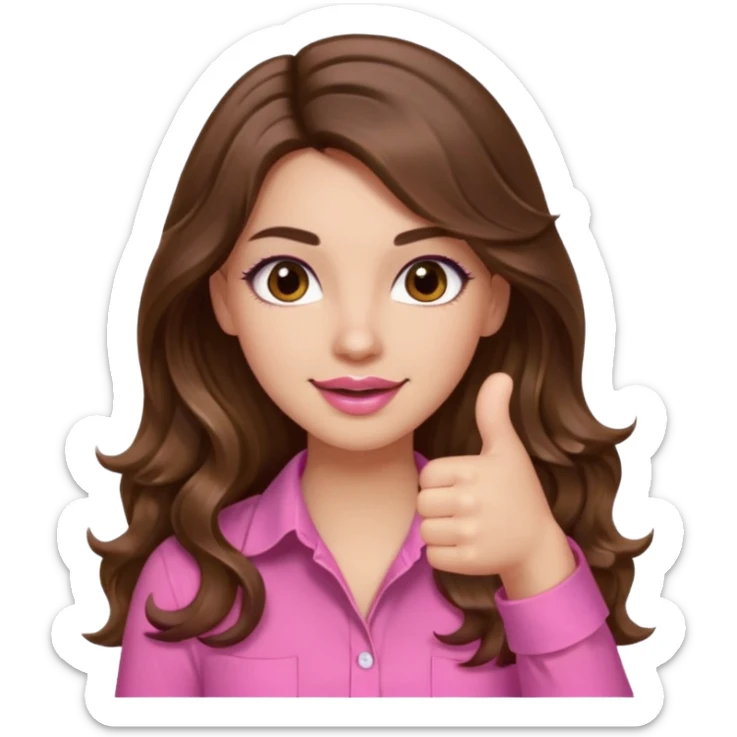 girl with long wavy brown hair, brown eyes, light to medium complexion, in a pink shirt, pink lips, long lashes, thumbs up sticker