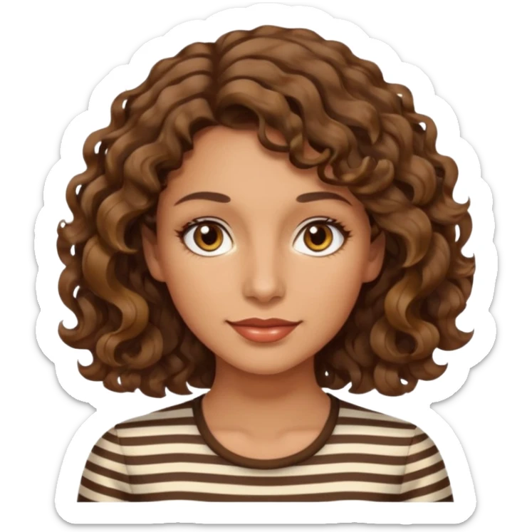 woman, 40s, chin-length wavy/curly brown-ish, few white stripes hair, hazel eyes sticker