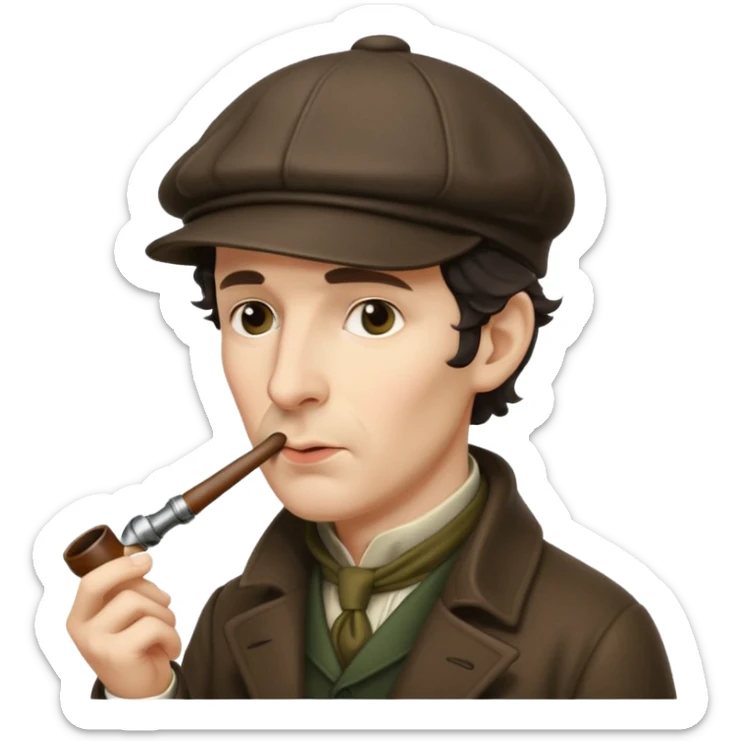 A side view of Sherlock Holmes wearing a deerstalker hat with a curved meershaum pipe held to his lips sticker