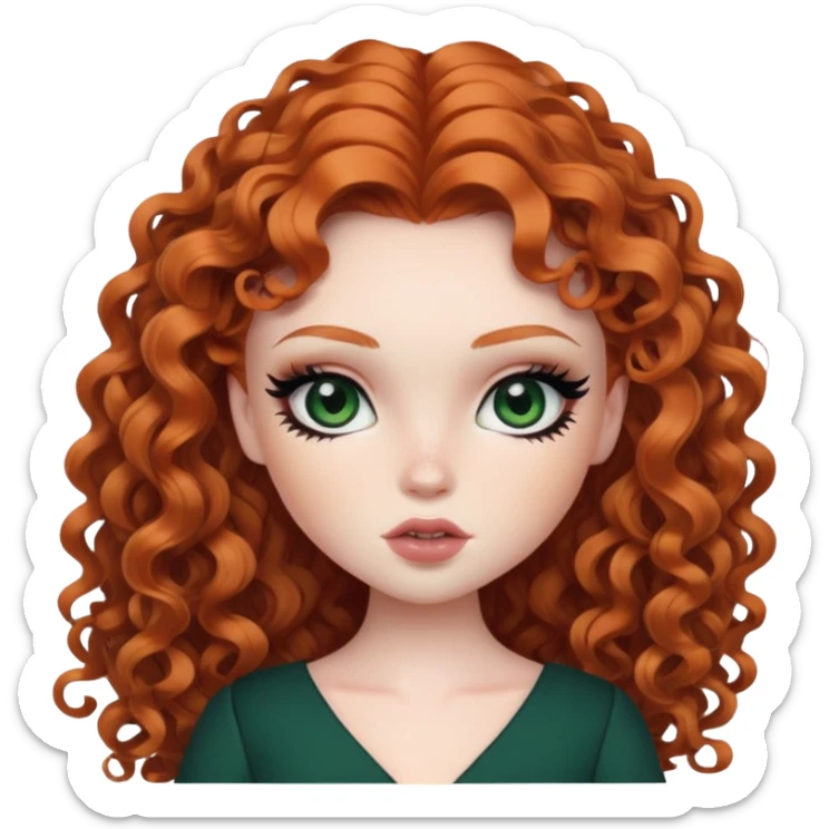 curly long ginger hair, pale skin, dark green eyes, pretty bratz baddie, black eyeliner, blush sticker