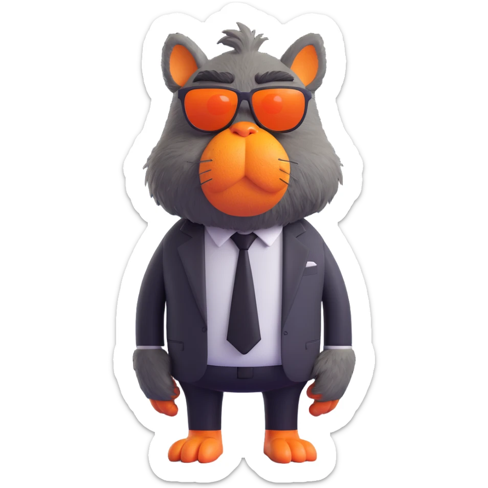 large furry cartoon creature with big orange nose, wearing sunglasses and black tie, standing upright, looking slightly to the left, grumpy expression, centered full body, plain blue background, 3D rendering style, smooth textures, bright lighting, humorous and playful mood sticker