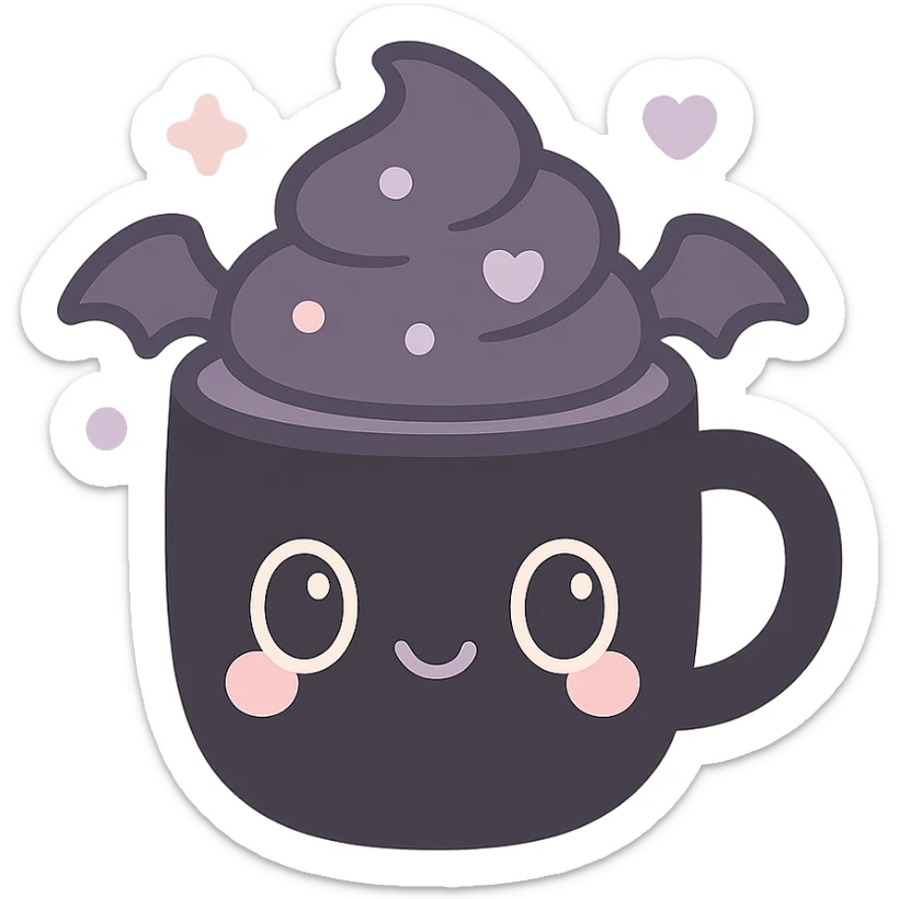kawaii style gothic mocha, cute face on a black mug, dark purple whipped cream, tiny bat wings, pastel accents, playful yet spooky sticker