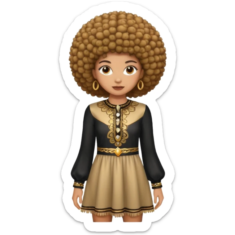 A light brown skinned who have afro type of hair and wearing a long sleeve dress with fringes sticker