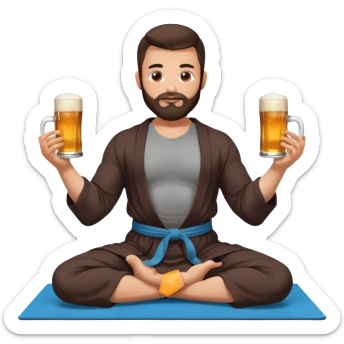 slavic muscled guy with dark brown hair and beard, sitting in yoga pose on a mat, dark colors robe, long and volume dark hair, holding beer mugs in two hands, sitting sticker