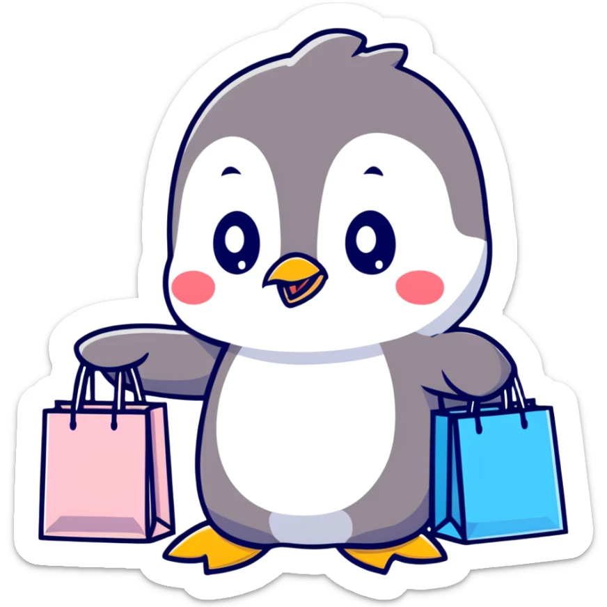 kawaii baby penguin at a shopping mall with shopping bags sticker