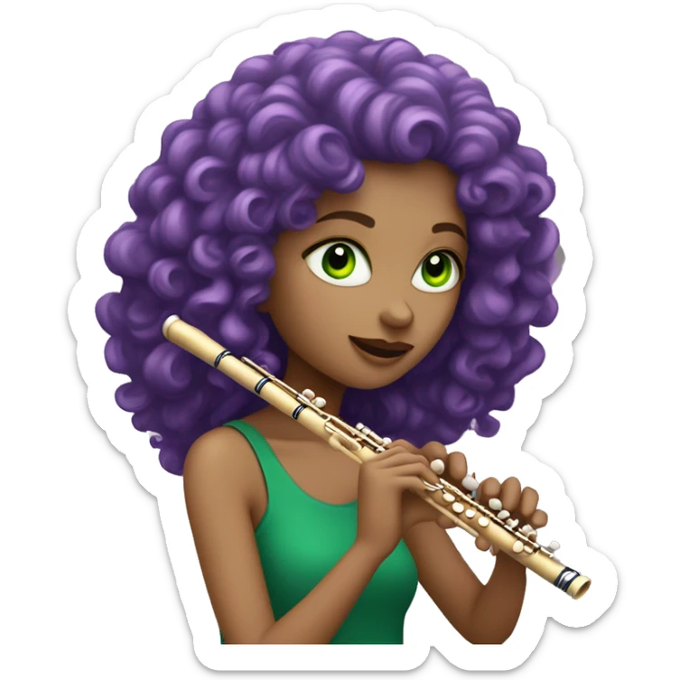 White girl with purple curly hair and green eyes playing flute sticker