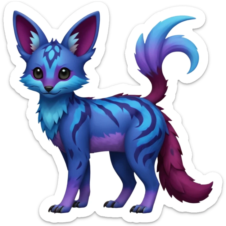 Feral Rare realistic edgy black-blue-burgundy-violet-gradients pretty beautiful handsome gorgeous aesthetic colorful vibrant Vernid-Trico-species-Fakemon-creature by LiLaiRa, random markings, tufted ears, full body sticker