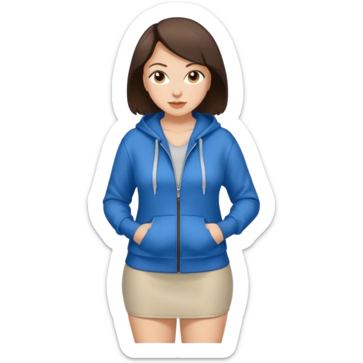 Pretty, sexy, slightly curvy white woman with short dark brown hair, wearing only a tight, front zippered hoodie and a miniskirt  sticker