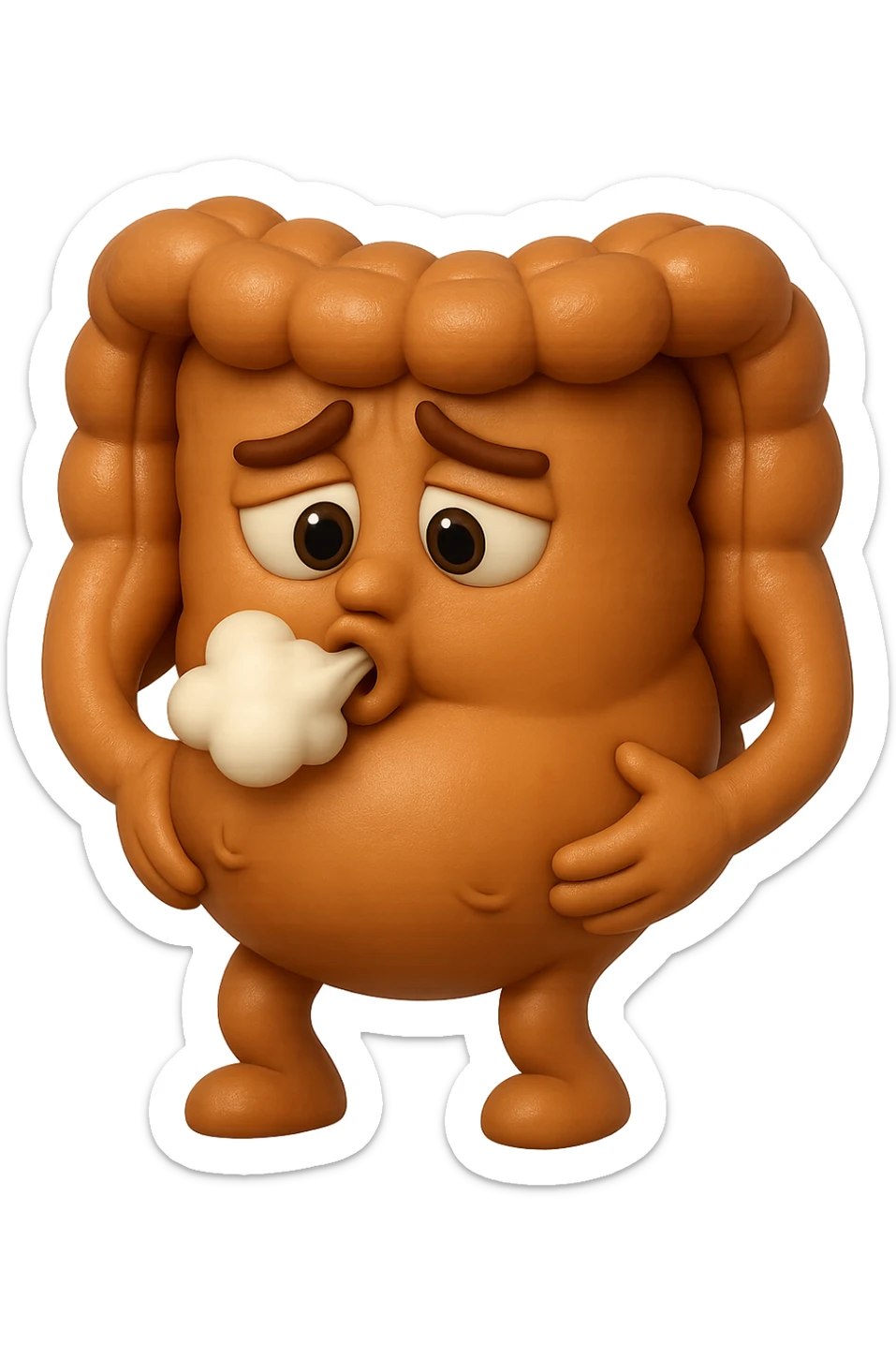 emoji stile iphone di un intestino che ingoia una nuvoletta di aria ben visibile e gli si gonfia la pancia, iperrealistico 4k sticker