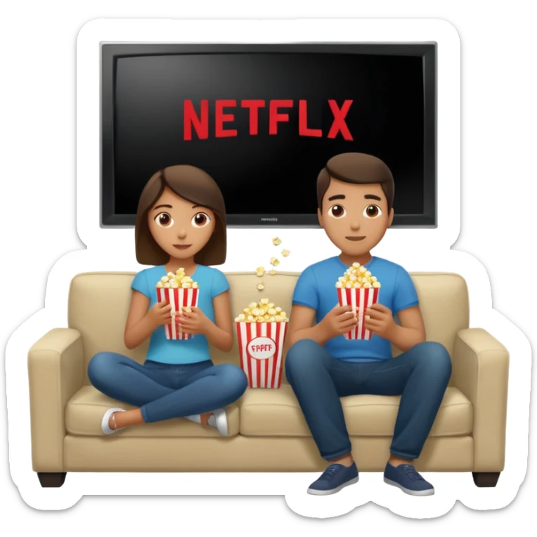 Crea un emoji dove si vedono un uomo e una donna mangiano i pop corn su un divano e guardano la televisione, nella televisione ci deve essere scritto netflix sticker