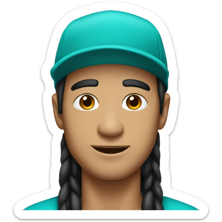 Generate an emoji of a man wearing a turquoise cap with long black hair. sticker