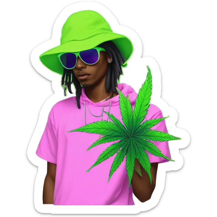 Hemp leaves Multicoloured neon person smoking wearing hoodie dancing hip hop bucket hat tropical Skater fashion aesthetic baggy clothes graphic t shirt 420 sticker