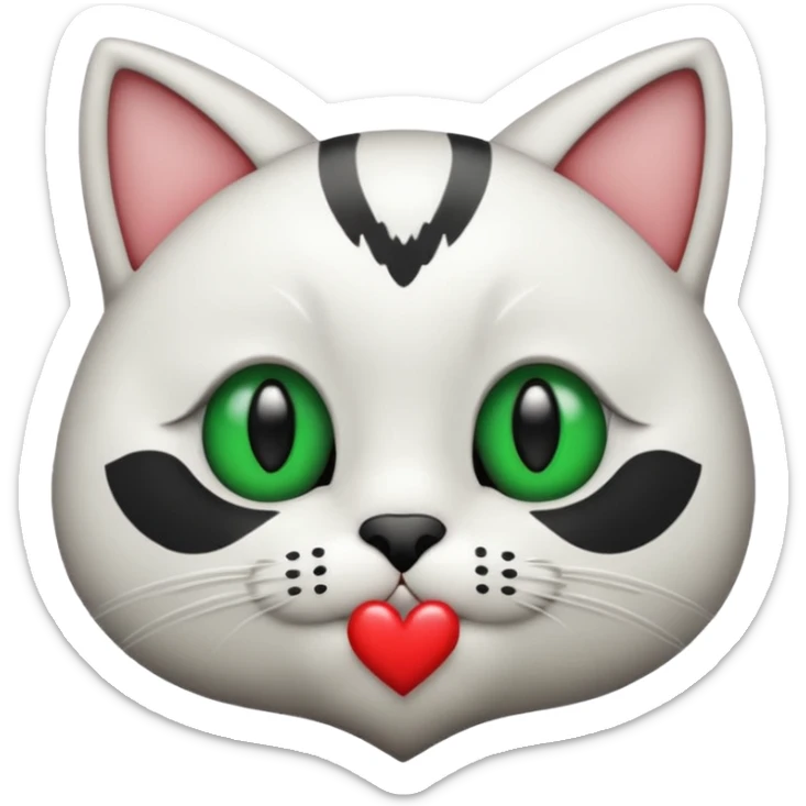 Emoji de un gato blanco y negro con ojos verdes, mandando un beso de corazón  sticker