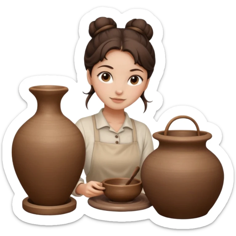 Brunette girl with a bun, behind the potter's wheel, wearing neutral clothing sticker