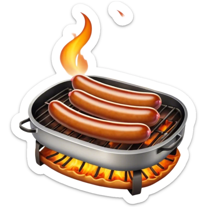 Cinematic Realistic Sausage Sizzle Dish Emoji, featuring sizzling sausages cooking over an open flame rendered with dynamic textures and warm, smoky lighting. sticker