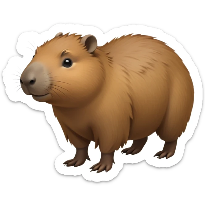 cinematic-capybara-realistic-full-body-on-all-fours-emoji,-plump-and-relaxed-body-soaking-in-the-warm-sun,-short-brown-fur-slightly-ruffled,-head-tilted-dramatically,-calm-expressive-eyes-exuding-serene-wisdom,-simplified-yet-realistic staring at the camera ina. comical way sticker