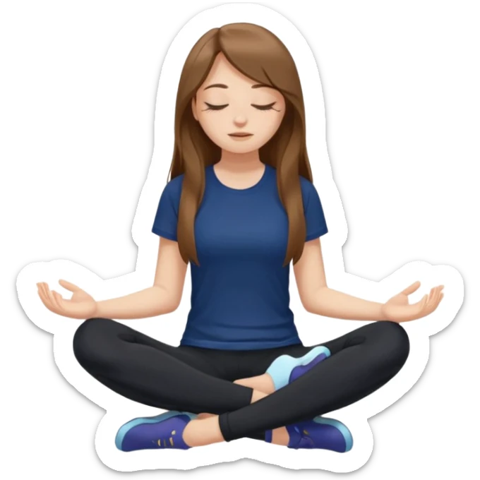 Brown long haired white girl with closed eyes in dark blue leggings and a black t-shirt sits on the splits sticker