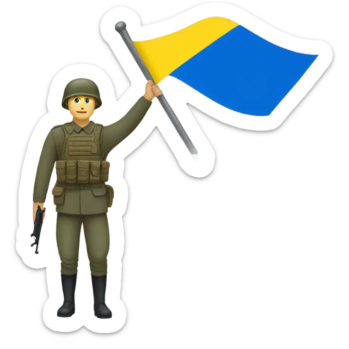 a soldier who holds the Russian flag in one hand and the Ukrainian flag in the other hand sticker