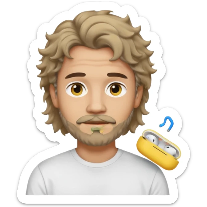 light skin man with a faded beard, wavy hair, and a mullet, wearing a t-shirt and AirPods, emoji style sticker