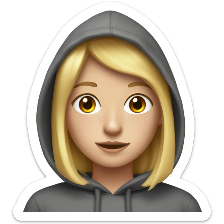 Blond girl with freckles and a hoodie sticker