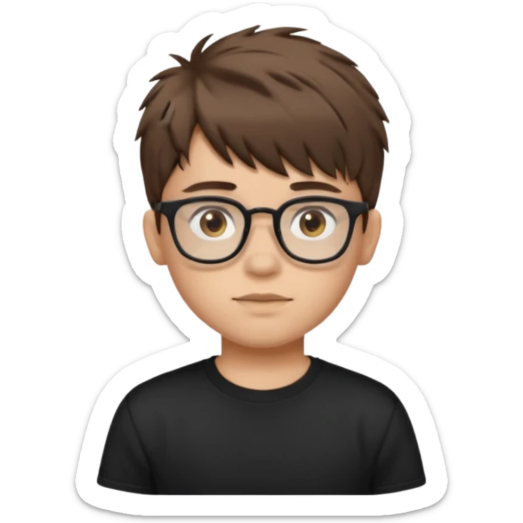 Create a emoji of a boy with brown messy fringe with mid fade hair brown eyes ,rectangular glasses and black t-shirt sticker