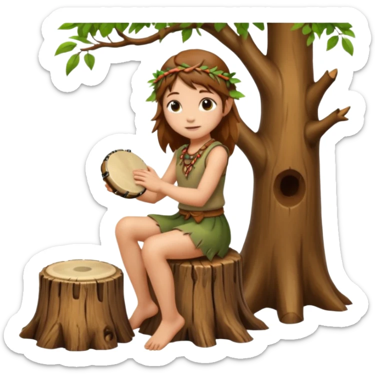 forest spirit girl with short brown mullet playing hand drum, sitting on tree stump sticker
